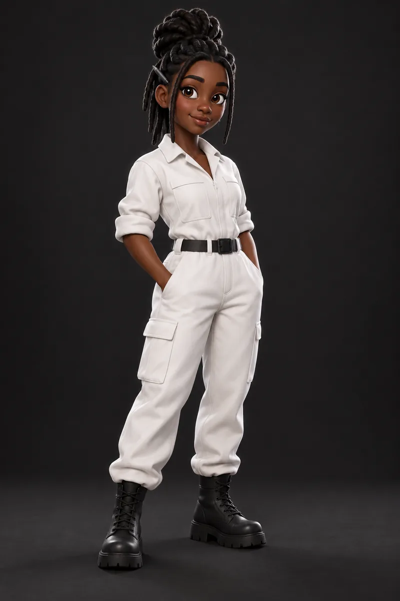 An engineer with locs, in a white jumpsuit and boots.