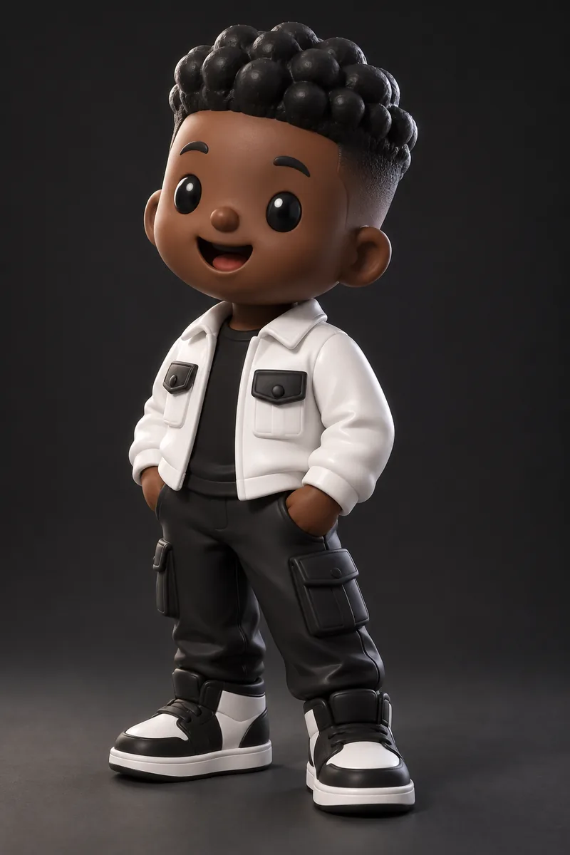 The engineer as a plastic toy, with bead eyes and a big smile.