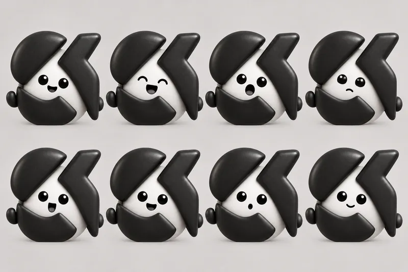 Eight of ONKA's faces: happy, laughing, surprised, worried, and four mouth shapes for talking.