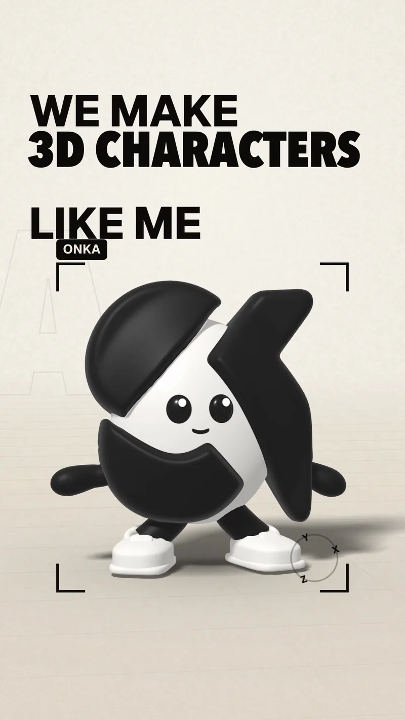 ONKA in a 3D viewport, under the words We make 3D characters like me.
