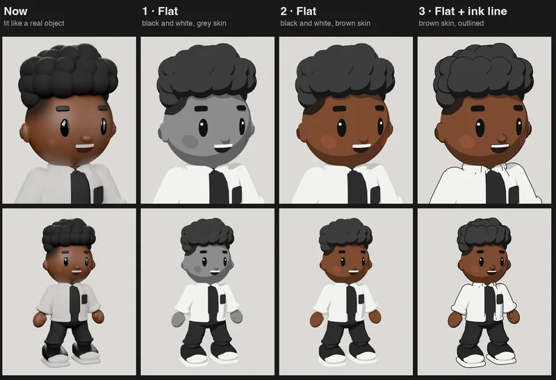 The same model shown four ways: lit, then in three flat styles.