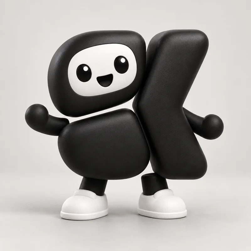 A character built from the mark's pieces as soft blocks.