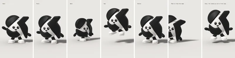 ONKA in seven poses: wave, point, walk, hop, bounce, peek and rise.